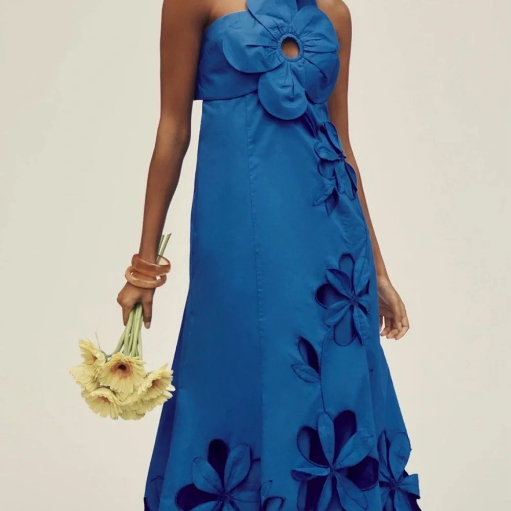 ANTHROPOLOGIE One-Shoulder Cutwork Dress Sz XXS Blue Floral Appliqué STUNNING - Picture 2 of 13